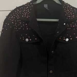 Pink Rhinestone Studded Black Denim Jacket